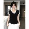 Black Contrasting Color V-neck Bow Short-sleeved T-shirt Women's Summer New Thin and Versatile Spice Girl Style Small Top Tide