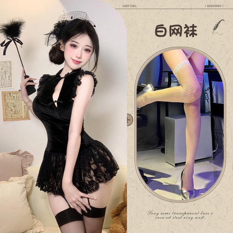 Sexy lingerie retro new Chinese cheongsam sexy velvet lace mesh buckle cheongsam sex nightdress