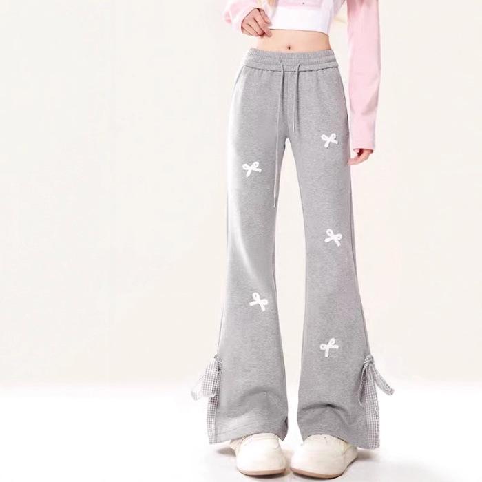 High-Waisted Bowknot Micro-Flare Sweatpants with Slit - 2026 Bestseller XL серый
