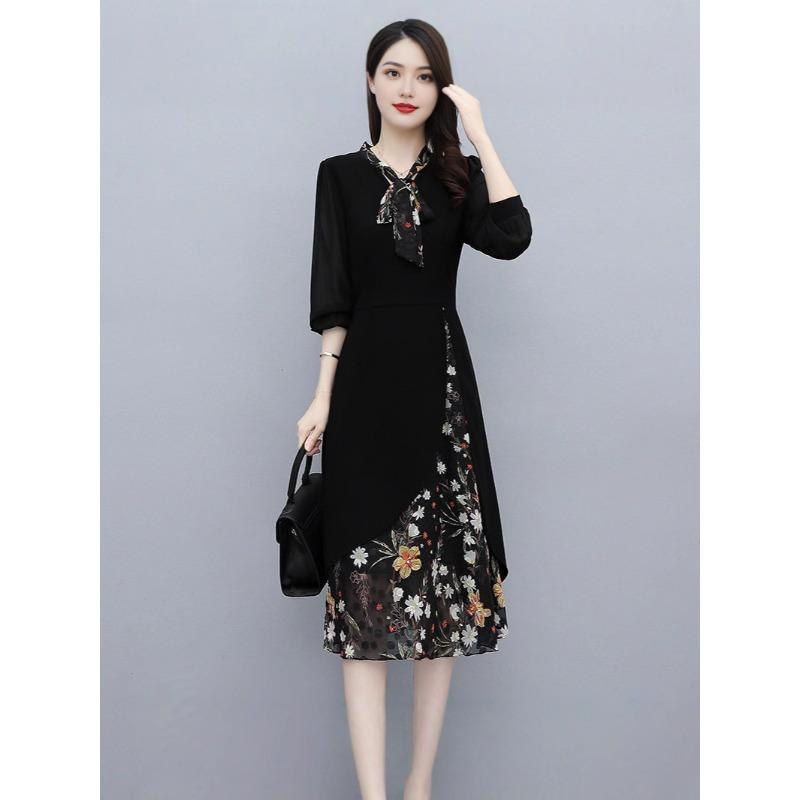 

women s Slim Fit Bow Tie Neck Floral Print Patchwork Midi Dress High Waist Irregular A Line Dress M чёрный