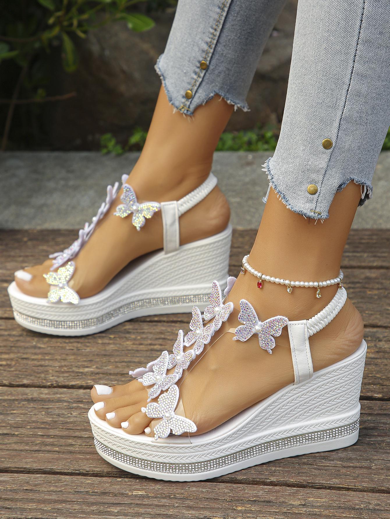 2026 Fashionable Butterfly Decoration Glitter Like Sandals Women Clear Sandals Women s High Heel Wedge Sandals Women Platform 35 белый