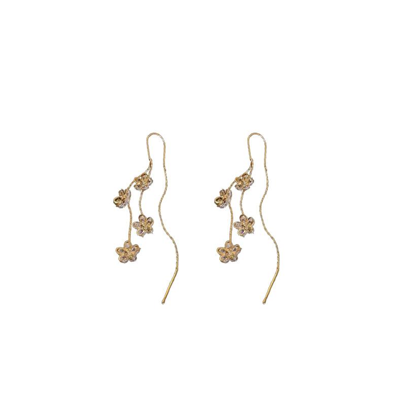 Real Gold Electroplated Zircon Flower Fringed Earrings Korean Fashion Temperament Earrings Sweet High-end Earrings Women