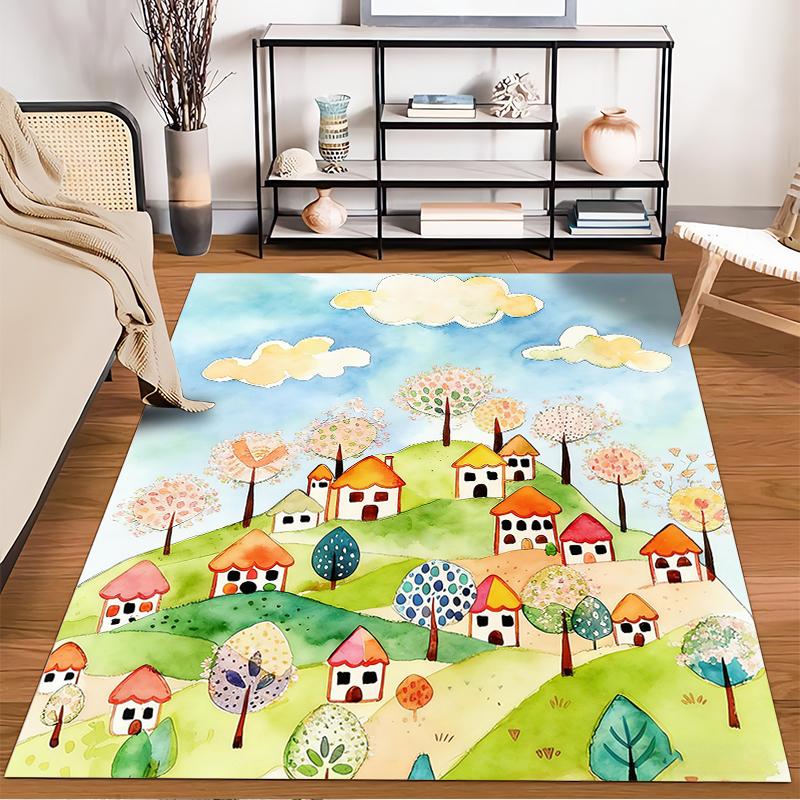 Colorful Cartoon Village Landscape Carpet – Cute Houses and Trees Design Suitable for use as an anti-slip for living room bedroom sofas