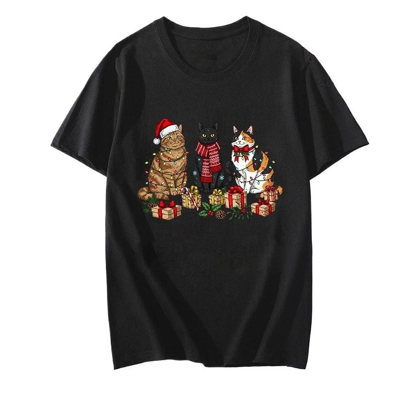 

Cute Cats with Santa Claus Hat Printed TShirts for Women Unisex Clothes Meowy Christmas Design TShirts Happy New Year Clothes S