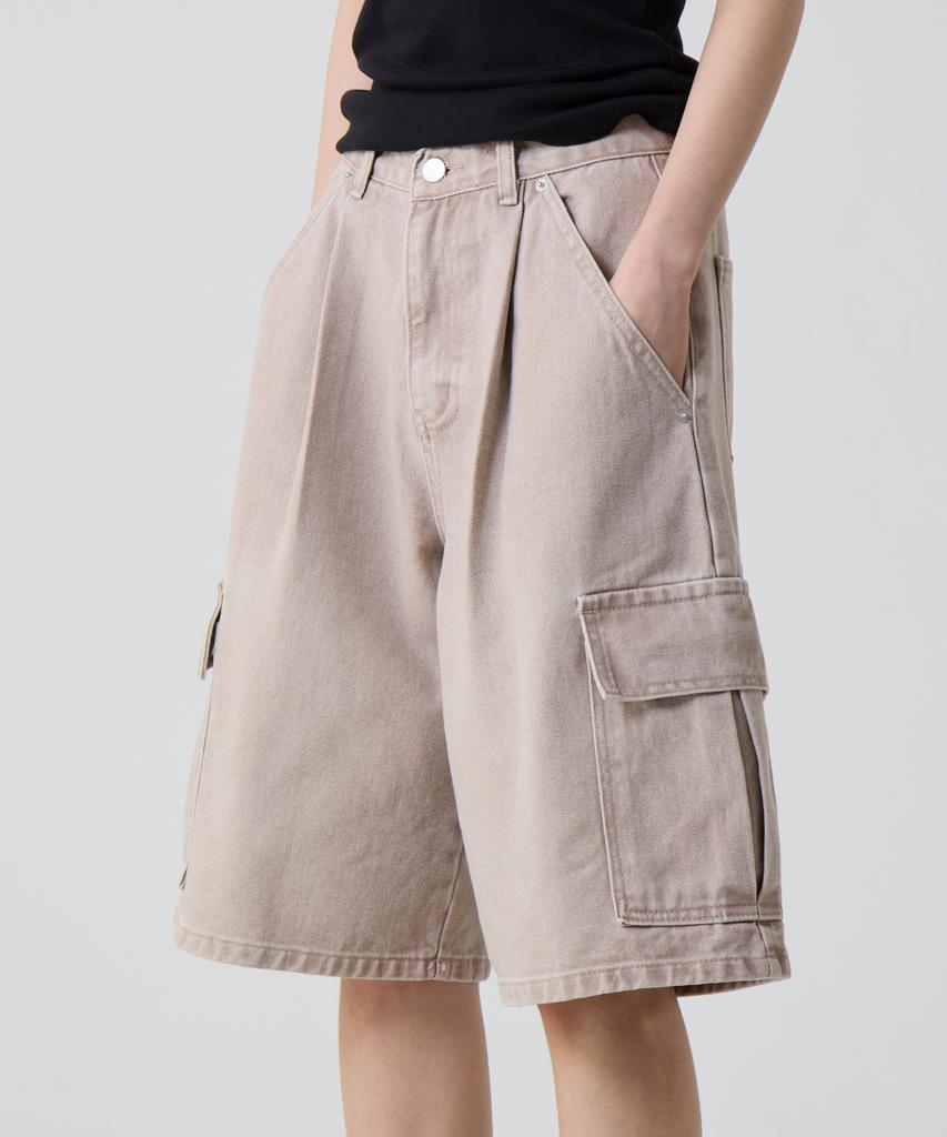 UNKNOWN PLANET Bermuda Wide One-Pleat Washed Cargo Shorts Vintage Beige