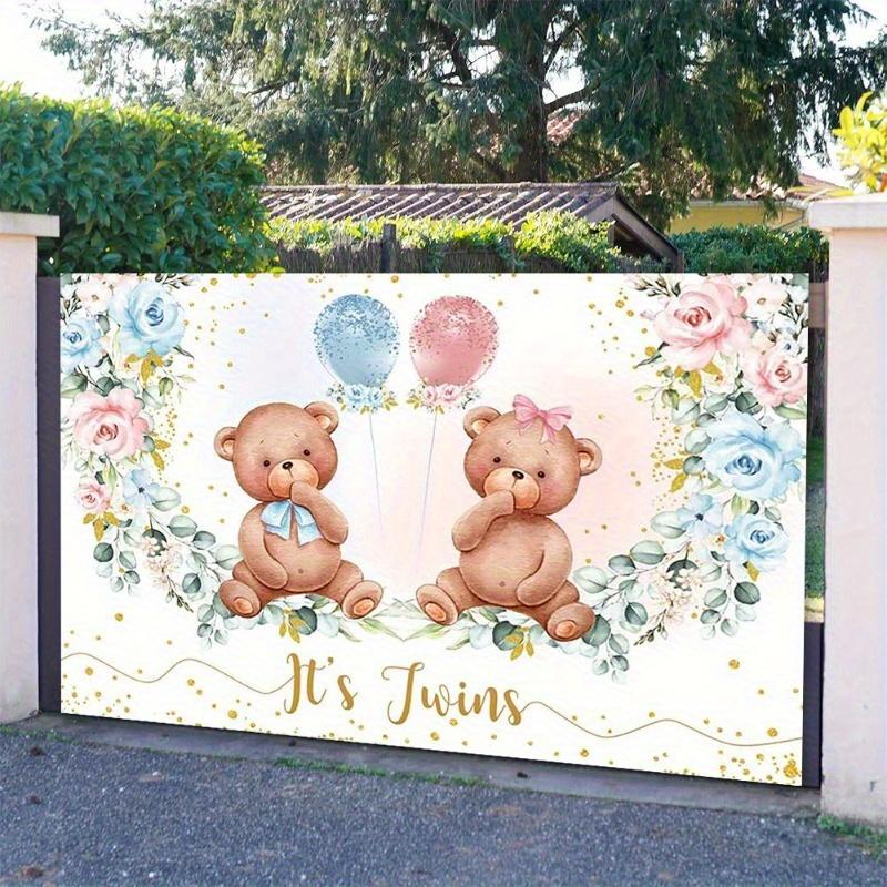 Double Bear Shower Background - Pink and Blue Floral Gender Disclosure Party Decoration, Balloon, Rose, and Gold Decorations