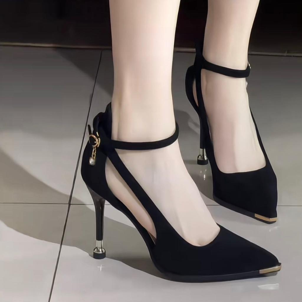 Suede Black High Heels Women's Adult Ceremony Widened and Fattened Pointed Temperament Single Shoes Fat Professional Work Shoes