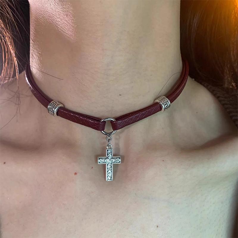 

Девушка Стиль Винно-красный Кожаный Крест Чокер Цепочка на Ключицу Отбеливающее Ожерелье A2