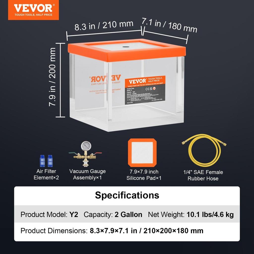 2 Gallon Vacuum Chamber, Upgraded Multipurpose Acrylic Vacuum Degassing Chamber, Transparent Vacuum Chamber, for Resin Degassing, Silica Gel