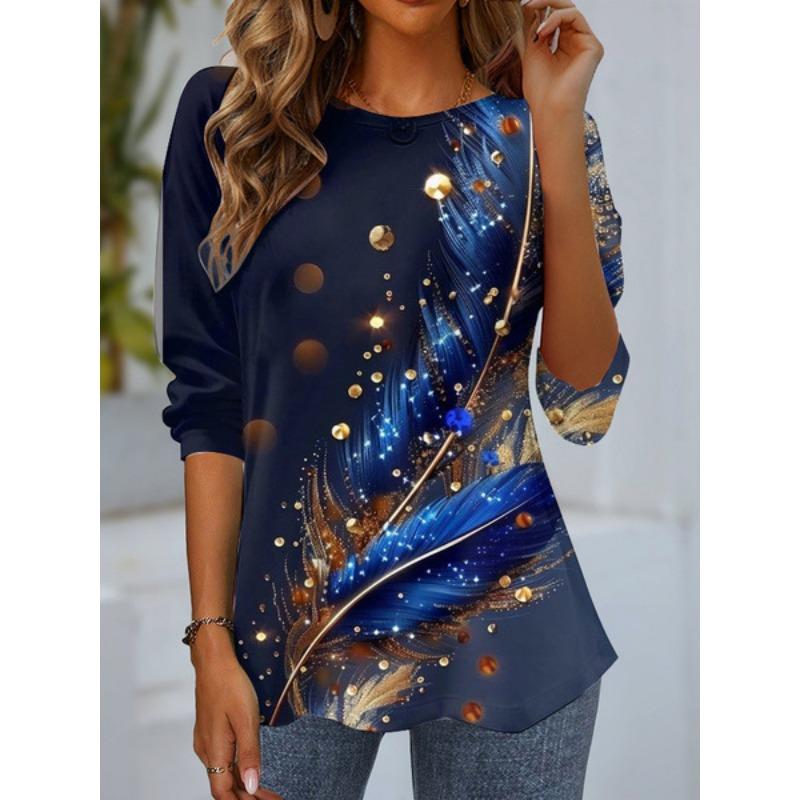 Round Neck 3D Flower Geometry Pattern Printed Top Fashionable Casual Long Sleeved Women's T-shirts