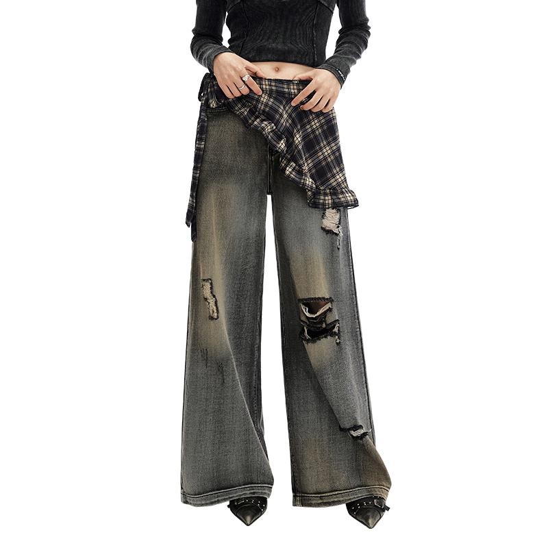 

UNIFREE Street Style Distressed Washed Wide-Leg Jeans with Belt L