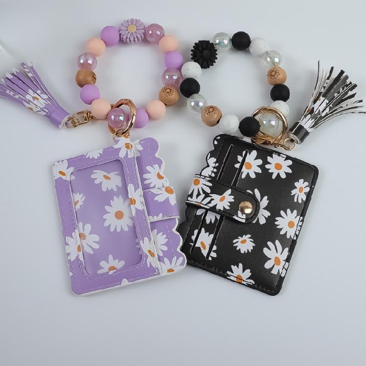 Secure Closure Daisy Beaded Keychain Bracelet Soft PU Leather Women Girls Fashion Accessory