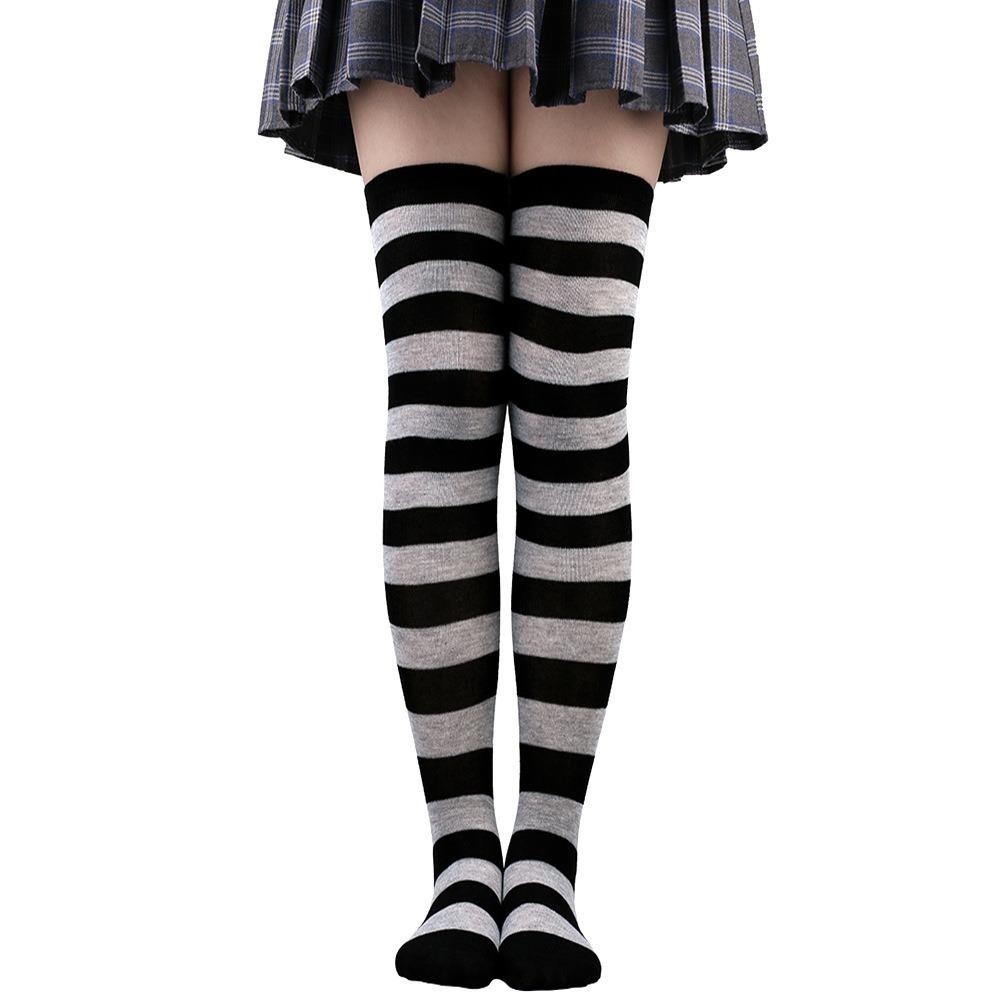 Farbig gestreifte Strümpfe Japanische Overknee-Socken Mode Damen Warmhalten Socken Sexy Schlank Lange Socken Schwarz Weiß gestreifte Strumpfwaren