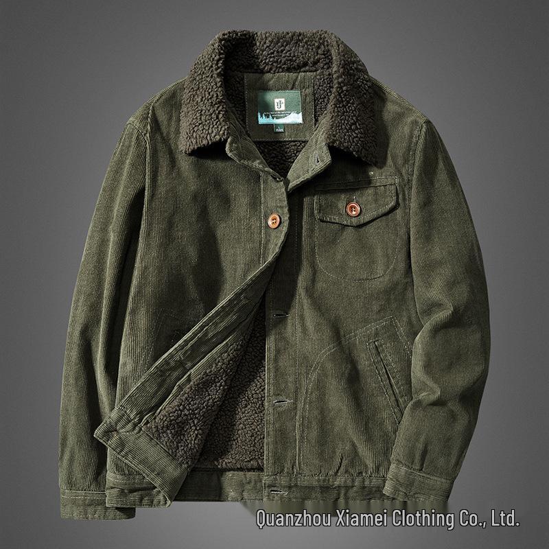 

Men s Casual Pure Cotton Lapel Jacket - Thick Velvet, Loose Fit, Middle-Aged & Young Styles, Solid Color Outerwear L