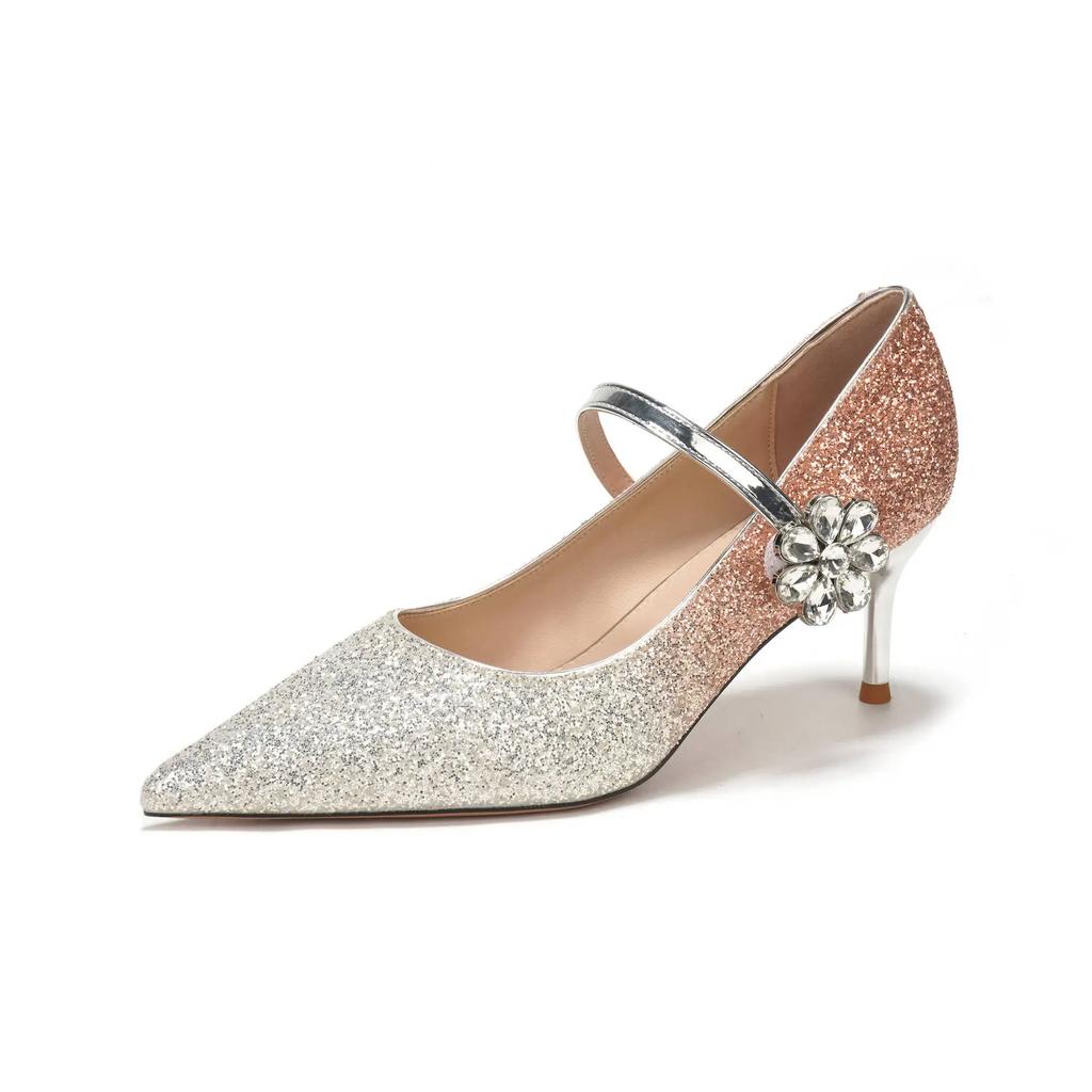 Luxury Ladies Pumps Banquet Wedding Shoes Pointed Toe Sequins Rhinestone Flowers Stiletto High Heels Single Shoes for Women