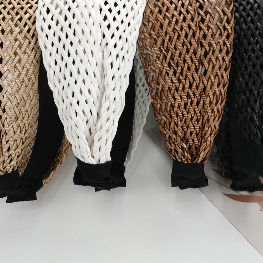 Bohemian Beach Straw Weaving Cross Knotted Headband Women Wide-brimmed Hand-woven Hair Hoop Travel Holiday Headdress Accessories