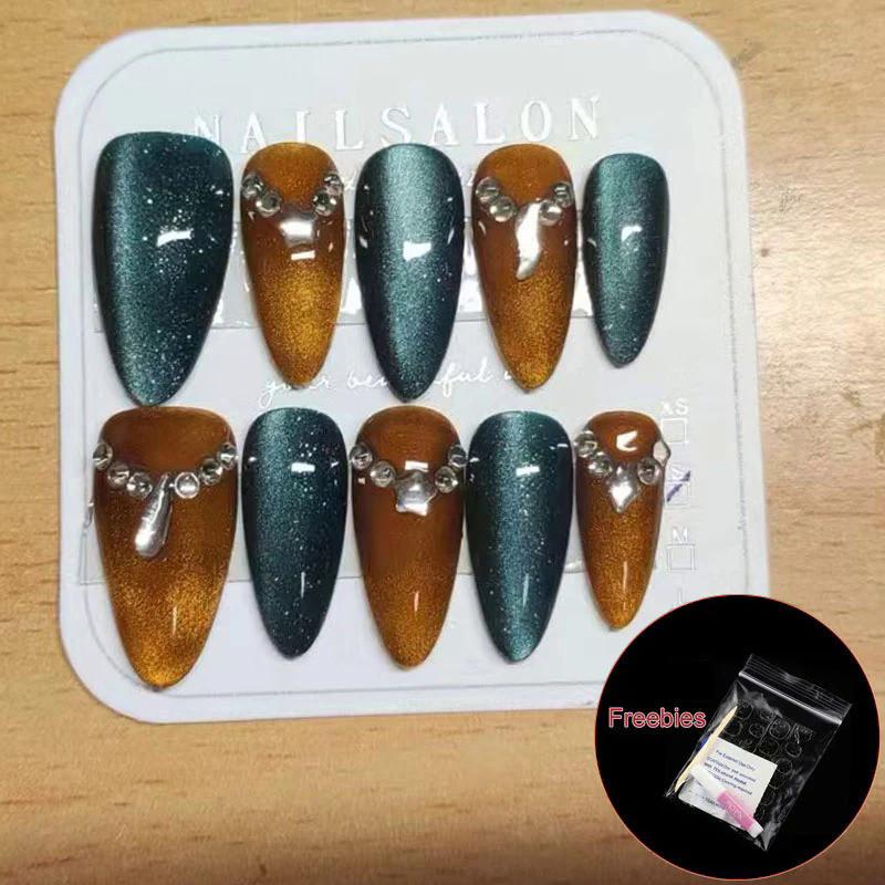 

Ногти миндалевидной формы ручной работы, черные, зеленые, темно-золотые, кошачий глаз, алмазные, для фототерапии, многоразовые и съемные накладные ногти L