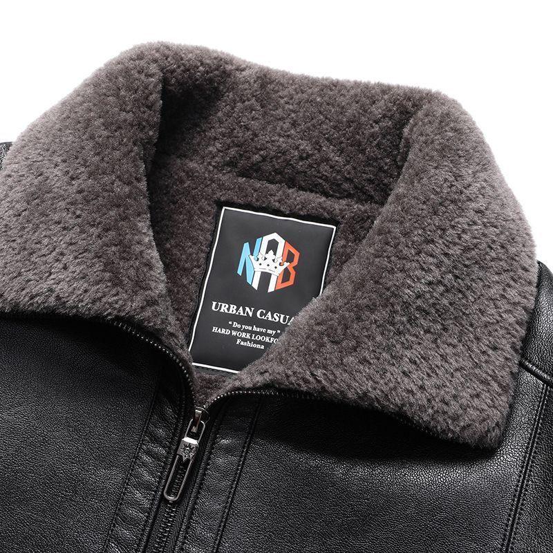 Thickened Lambskin Leather Jacket with Fur Lining for Middle-Aged and Elderly Men