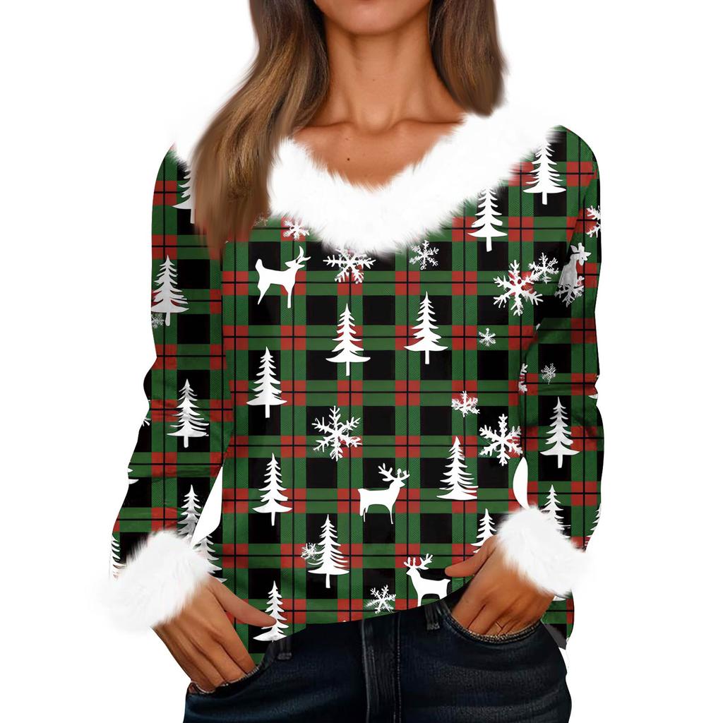 Damski Modny Casualowy Top z Dekoltem V i Świątecznym Nadrukiem z Długim Rękawem