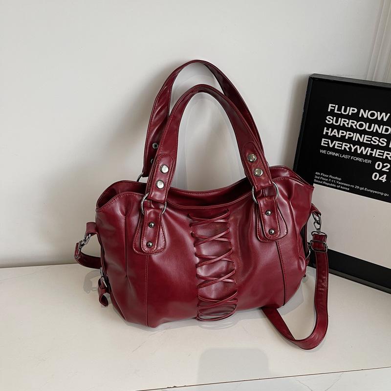 

Studded Vintage Handbag Luxury Glossy Pu Women s Handbag Stylish Lace-up Motorcycle Bag New Punk-style Large Capacity Tote Bag