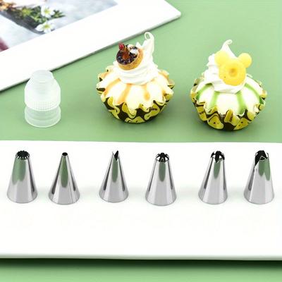 7pcs Stainless Steel Icing Piping Tips Set, 6 Nozzles + 1 Converter, Cream Cake Tool for Cookie, Macaron, and Baking Decoration