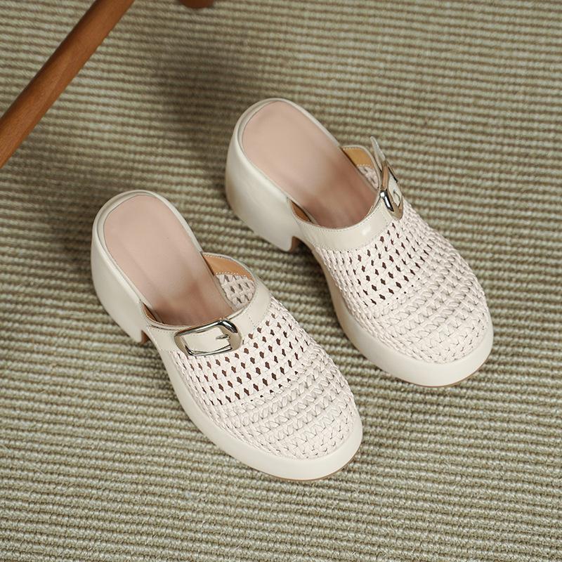 

10.5CM ultra-high heel thick bottom hollow bag head slippers summer new round head thick heel one pedal casual high heel drag 39 абрикосовый