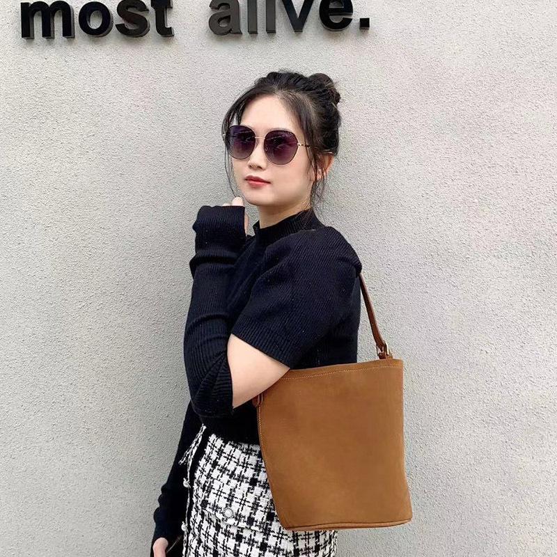 Cowhide Large Capacity Sanded Leather Bucket Bag Niche Design Fashion One-shoulder Underarm Women Bag
