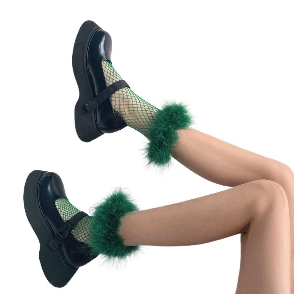 Grid Hollow Out Socks Bright Color Socks Women Y2K Feather Fishnet Stockings Music Festival