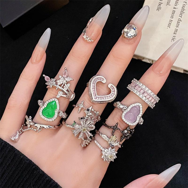High-End Opening Adjustable Ring Imitation Chalcedony Heart-Shaped Niche Design Diamond-Set Light Luxury Personalized Fashion Ring Women