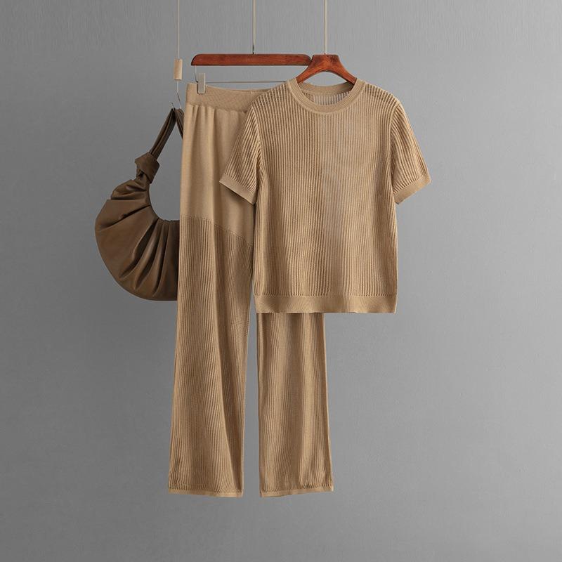 Summer Casual Fashion Versatile Round Neck Solid Color Short-sleeved Loose Knitted Hollow Wide-leg Pants Two-piece Set