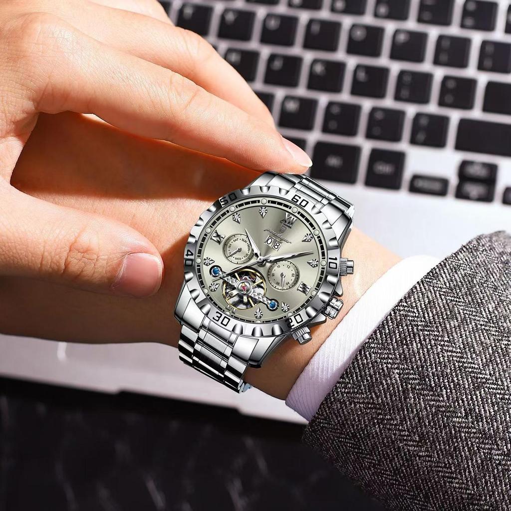 POEDAGAR Top Luxus Herrenuhr Automatisch Datum Woche Herren Armbanduhr Hohl Tourbillon Mechanisch Edelstahl Herrenuhr