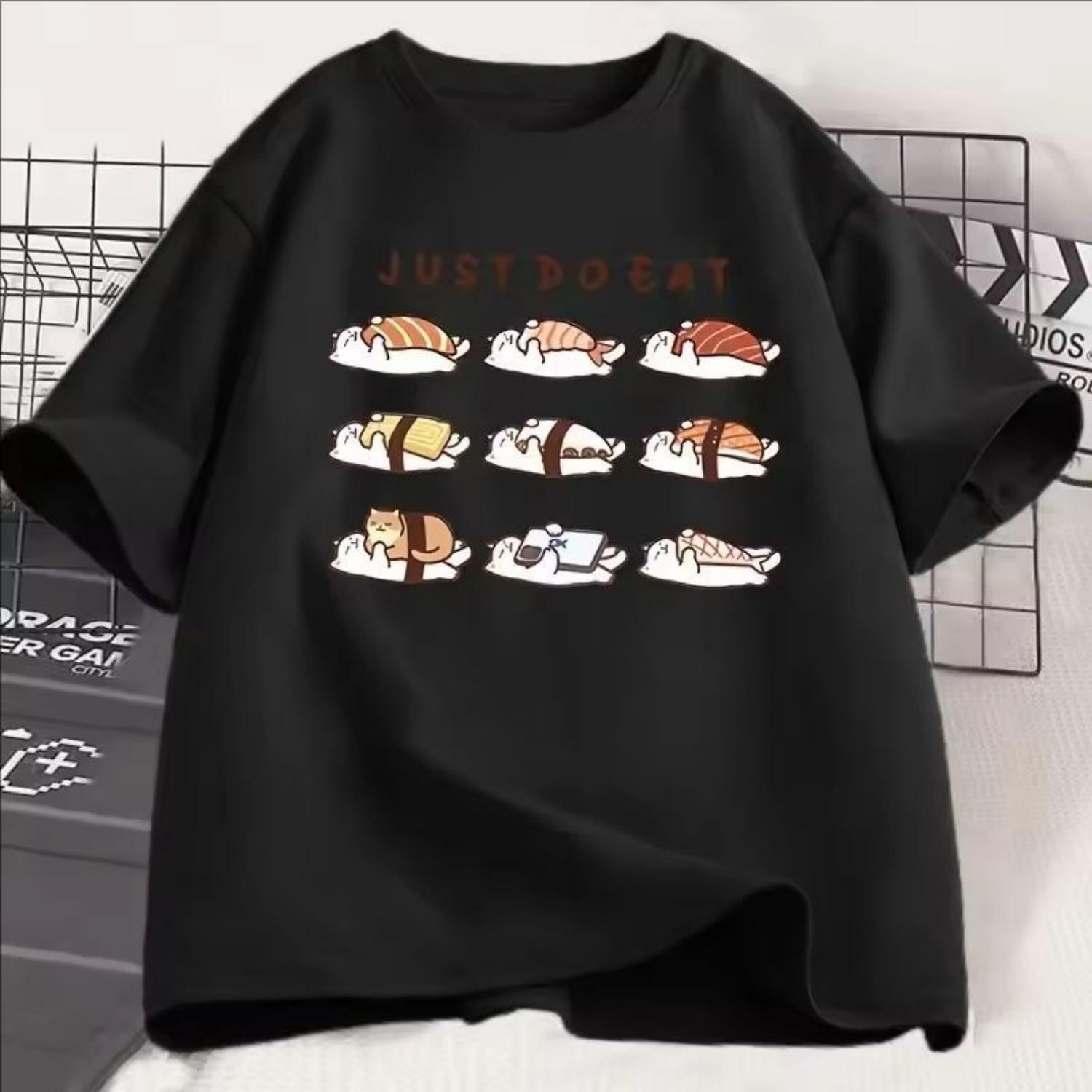 

T Shirt Unisex Round Neck Women Clothes Streetwear Funny Cat Shusi Graphic T Shirts Cute Cartoon Printed S чёрный