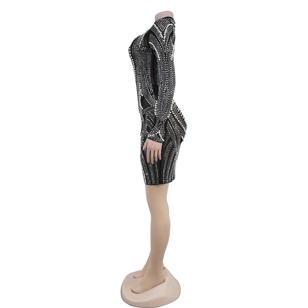 Abito da donna trasparente in rete con strass e perline - Stile europeo americano