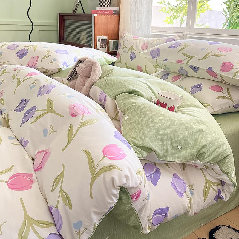 Set din patru piese din bumbac, pat din bumbac pur, husă de pilota, cearșaf de pat, set din trei piese pentru dormitor, lenjerie de pat