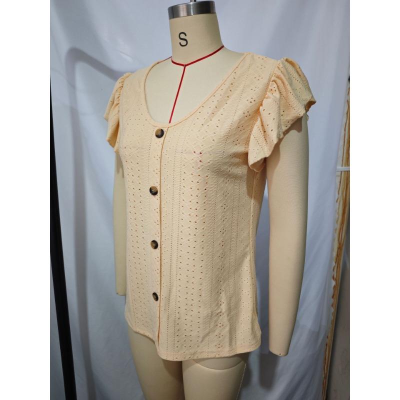 Womens V Neck Eyelet Embroidered Blouse With Short Flutter Sleeves Casual Button Down Top