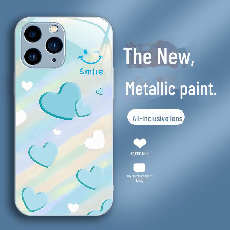Gradient Love Smiley Liquid Glass Case for iPhone 11 Pro Max/XS/12 - Full Protection & Anti-Fall Lens