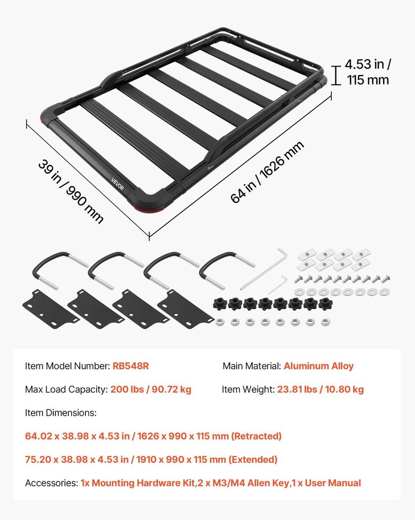 Roof Rack Cargo Basket, 1626 x 990 x 115 mm, Heavy Duty Roof Top Carrier Basket with Extension, 90.72 kg Capacity, All-Weather Car Top Luggage Holder,