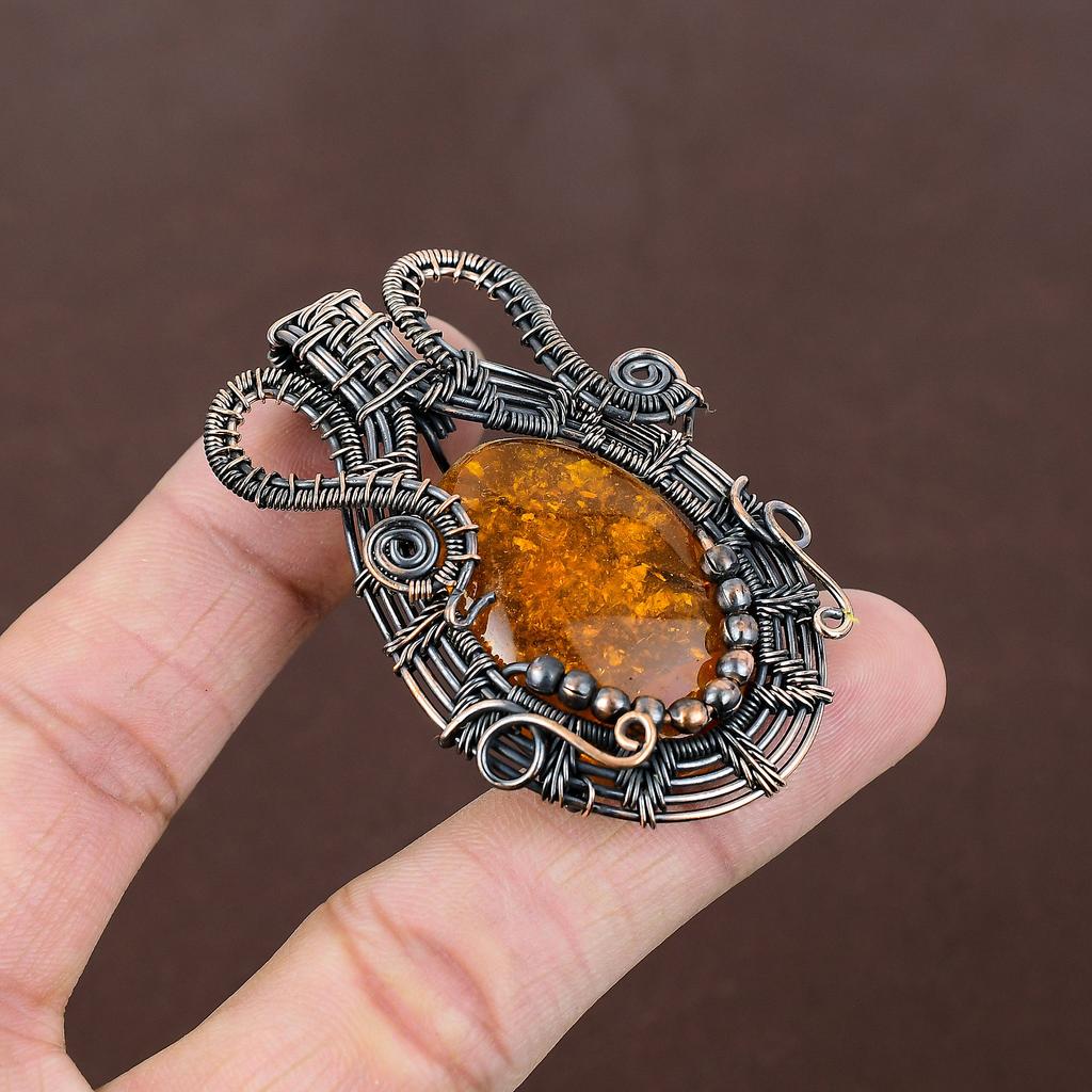 Chihlimbar Baltic Lucrat Manual Înfășurat cu Sârmă de Cupru Pandantiv 2,36" q0k71