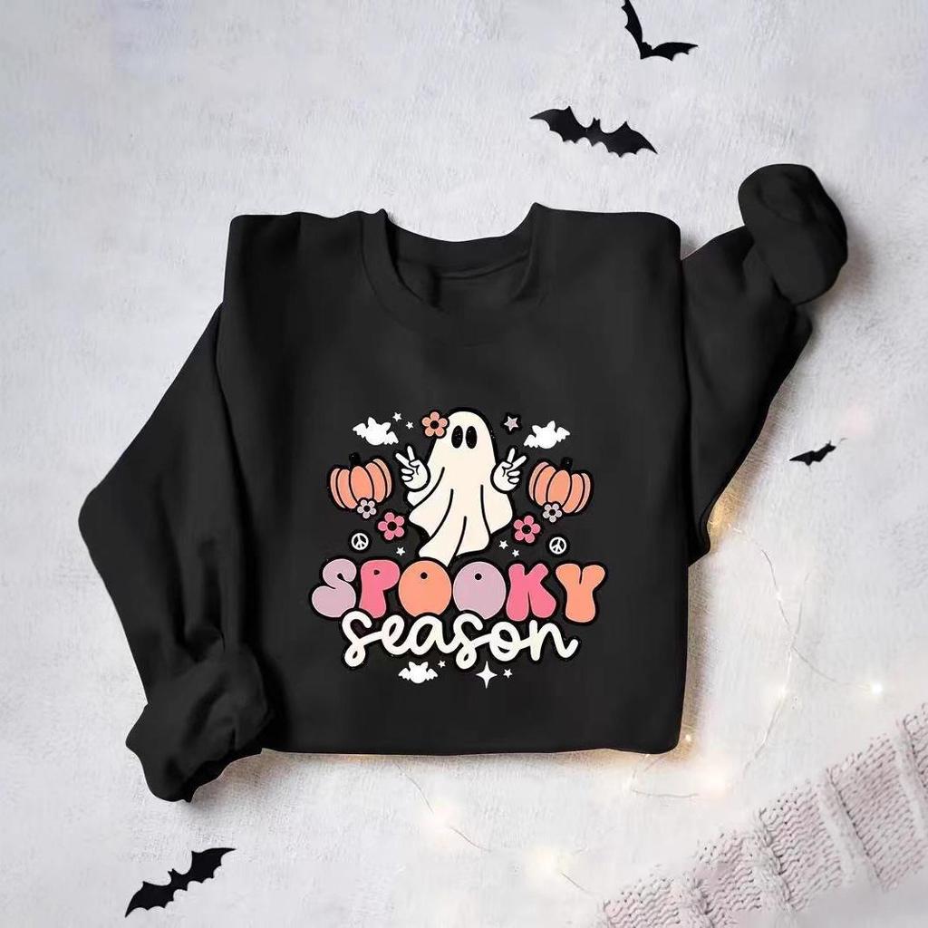 2025 Halloween Ghost Print Round Neck Long Sleeve Hoodie for Europe and America