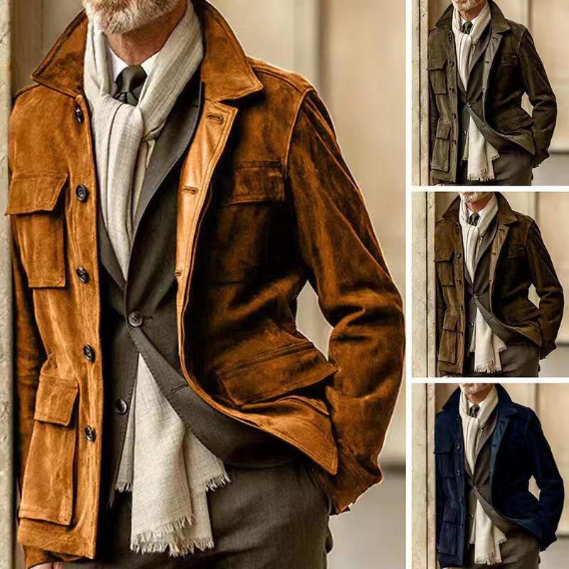 2023 Men's European & American Cowhide Velvet Multi-Pocket Casual Jacket