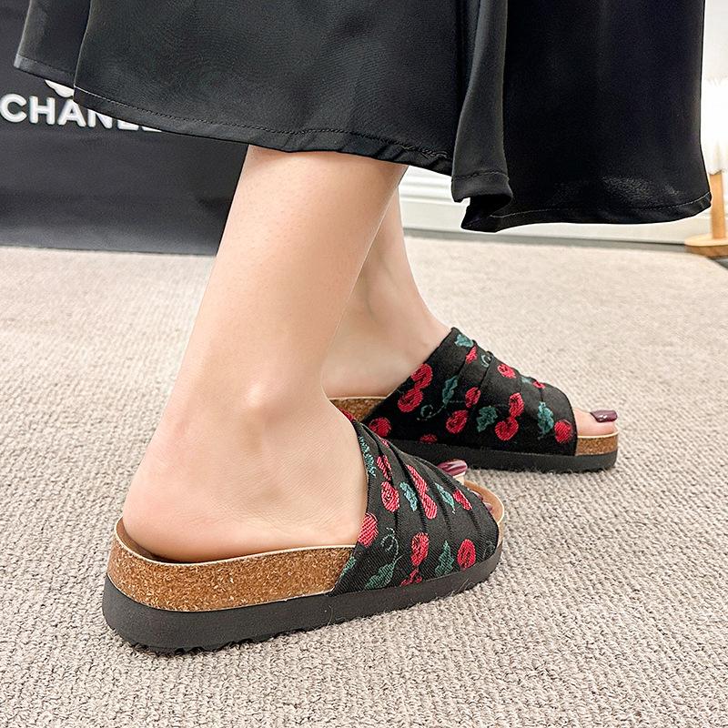 2025 new summer niche cherry print one-pedal muller shoes women wear one-word slippers sandals fashion