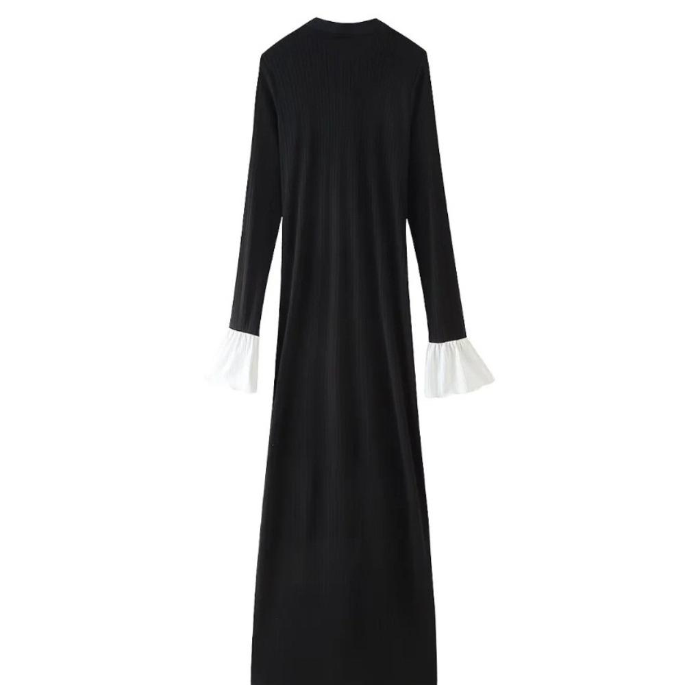 LYRIA Elegant Knitted V-neck Long Dress Women Patchwork Single Breasted Long Puff Sleeve Slim Dresses Chic Female Hip Package Vestidos