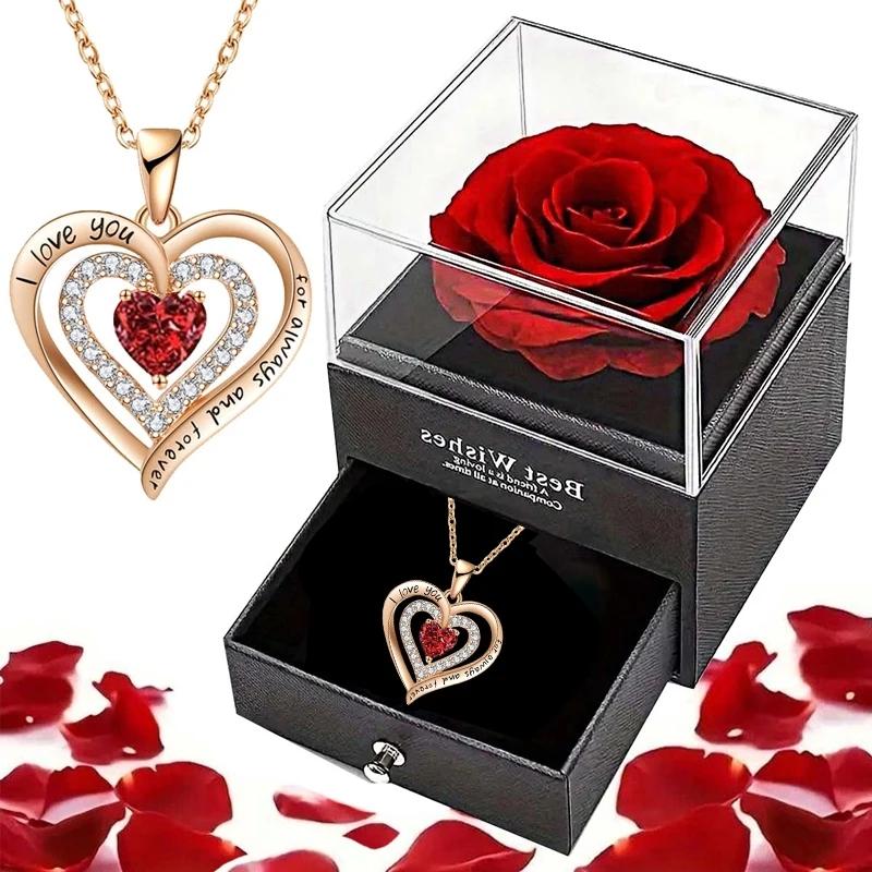 Luxury Red Zircon Pendant Necklaces With Rose Flower Gift Box For Girlfriend Women I Love You Gifts 2025 Trendy Wedding Jewelry