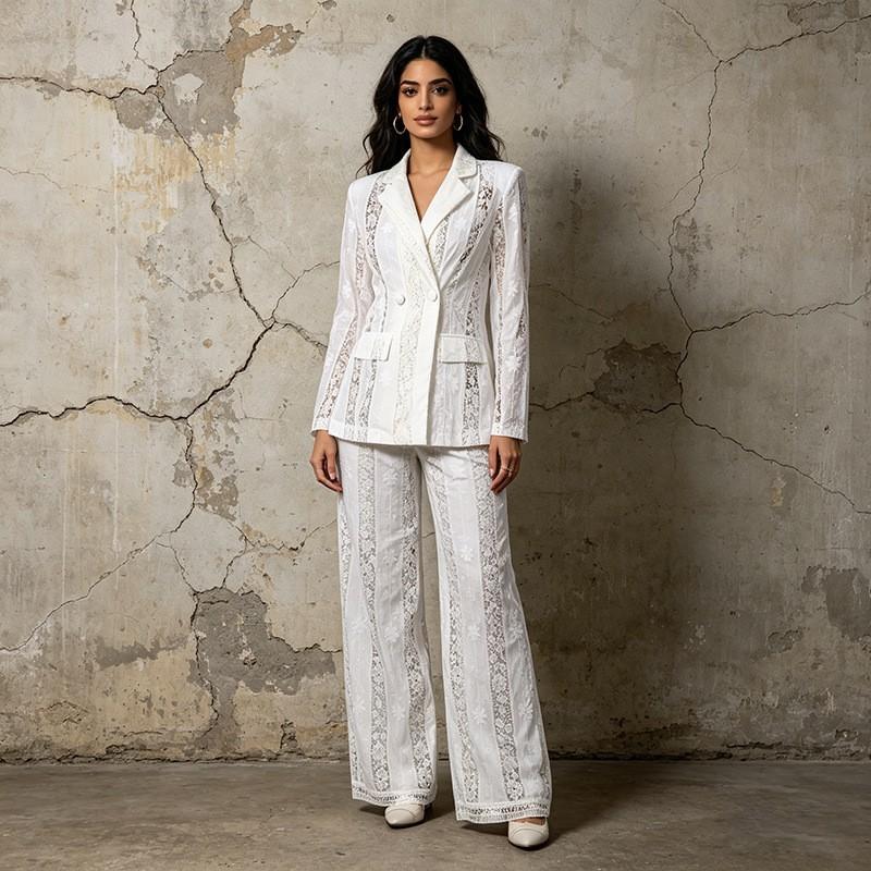 

Retro Casual Two-piece Lace Embroidered See-through Shirt + Solid Color High-waist Trousers Set Women L білий