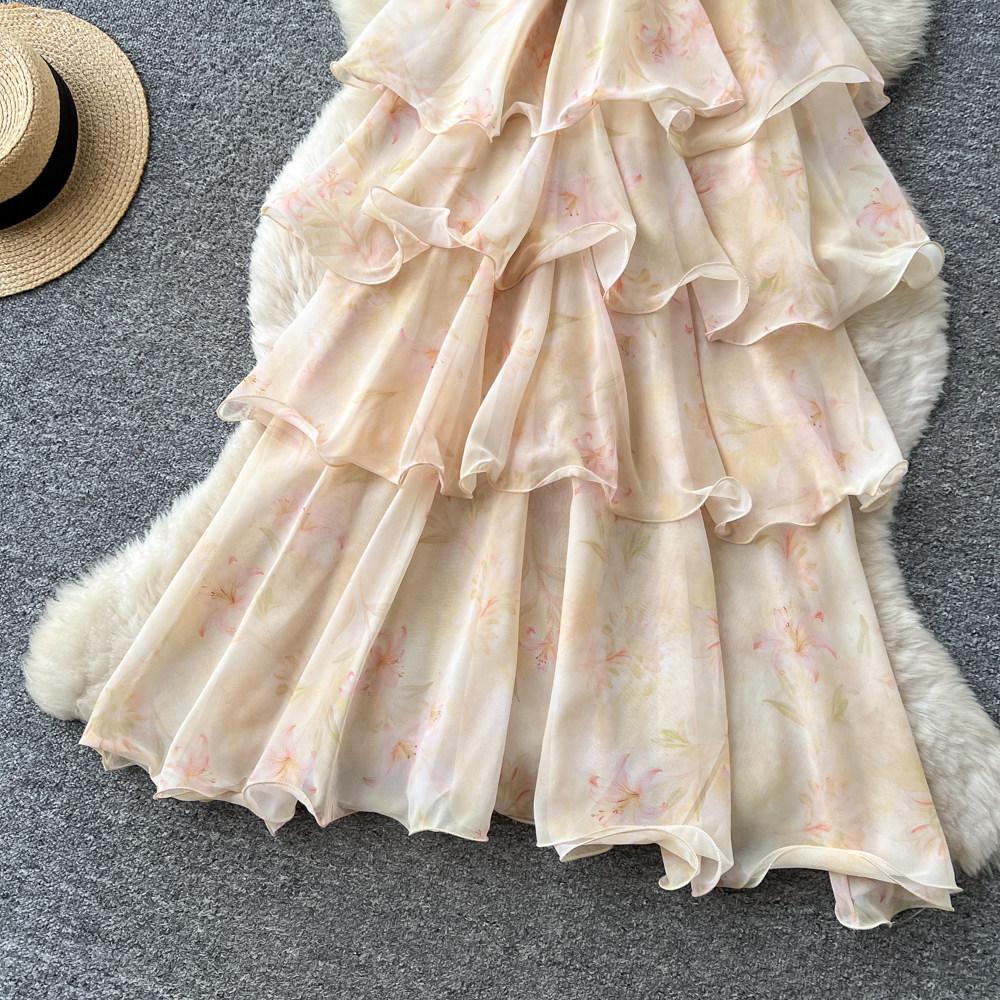 French romantic style V-neck neck floral dress women's summer sleeveless ruffle cake dress looking thin