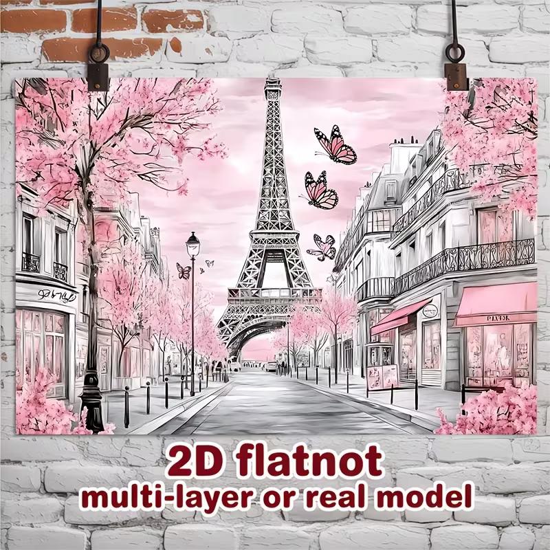 2D Paris Street Backdrop, Pink Cherry Blossom & Eiffel Tower Photo Booth Background 47.2x31.5inch/120*80cm