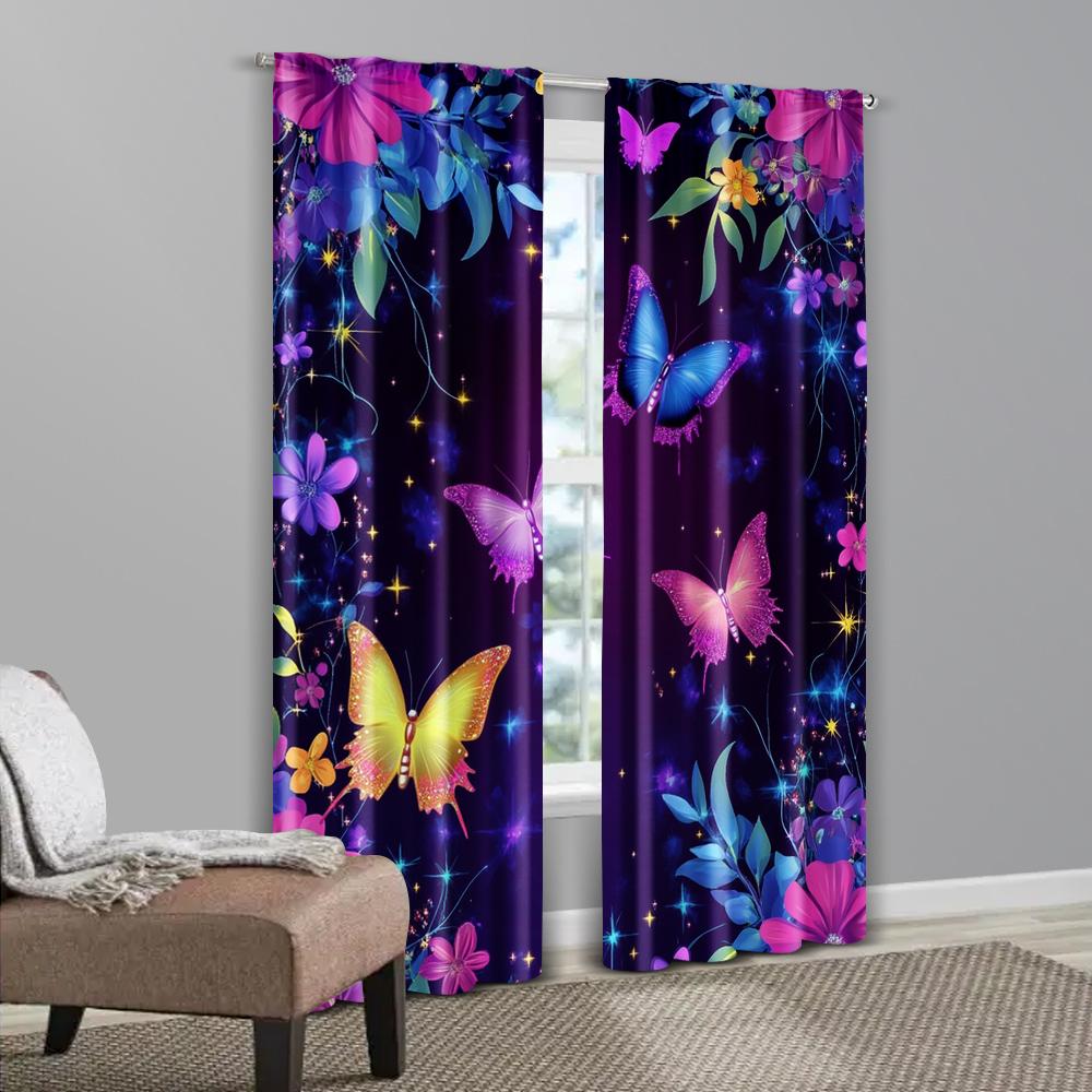 2pcs   Creative Curtains Modern Dream Luminous Blue Purple Butterfly Versatile Polyester Fabric (without rod) Decorations Outdoor