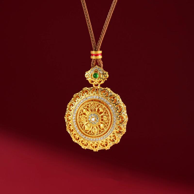 Gold Sand Eight Treasures Compass Pendant Necklace with Gourd Charm for Women