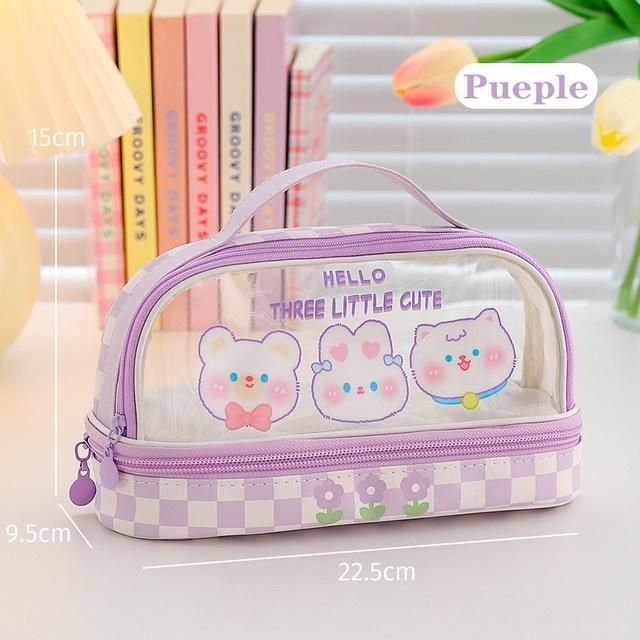 Pencil Case Double Layer Large Capacity Pen Bag Cartoon Portable Pencil Box School Student Supplies Stationary Organizer