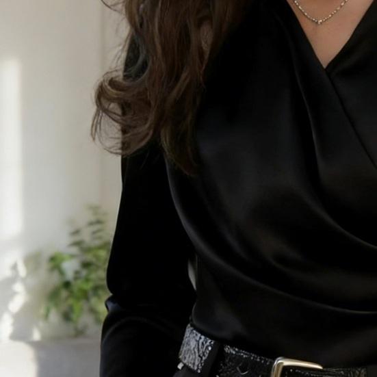 Women Shirt Versatile Slim Fit V-Neck Work Blouse Solid Color Long Sleeve Wrinkle Resistant Office Commute Shirt